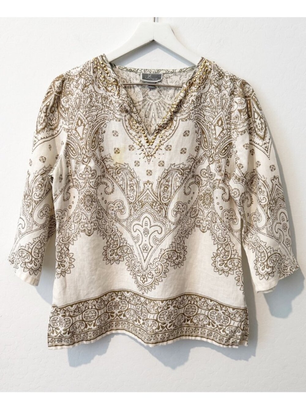 JM Collection Petite Linen Studded Blouse Top Beach Summer Vacation Boho Medium